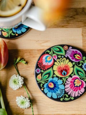 Podkładka ceramiczna pod kubek Wzór łowicki czarny
